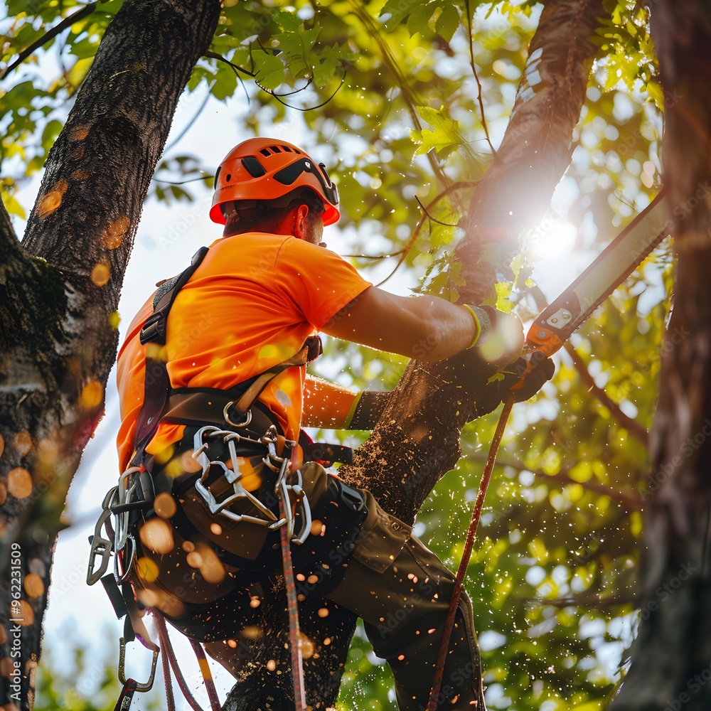 Arborist Cutting Tree Branches with Chainsaw Arborist Cutting Tree Branches with Chainsaw