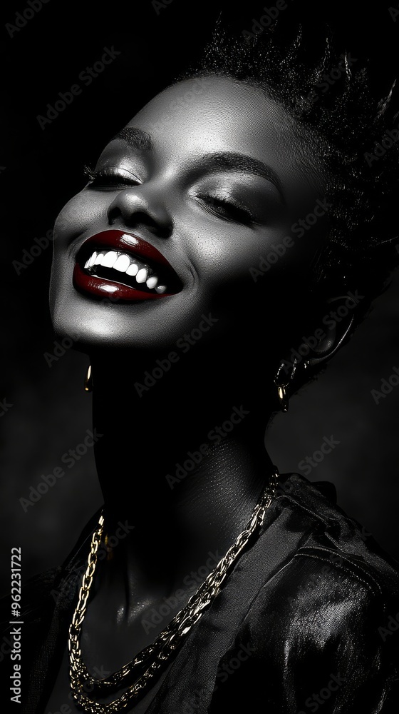 A joyful woman with striking features beams with confidence emphasizing her vibrant makeup A joyful woman with striking features beams with confidence emphasizing her vibrant makeup