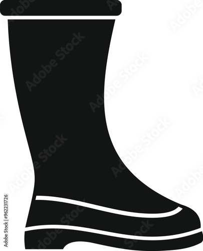 Black rubber boot standing straight in simple style isolated vector illustration