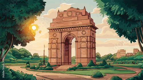 Illustration of Famous Indian monument India Gate in New Delhi. Lush garden with sunlight concept theme with greenery.  Highly Detailed, heritage Monument