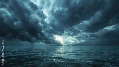   A storm rages over a tranquil body of water, its reflective surface obscured by towering clouds Amidst the tempestuous skies, a faint lightning bolt can