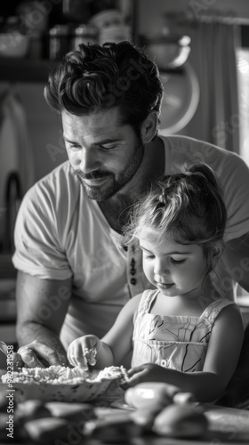 Man and a little girl making doughnuts together, parents day