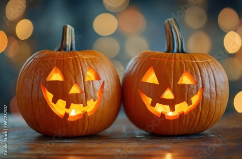 close up of carved halloween pumpkins on table