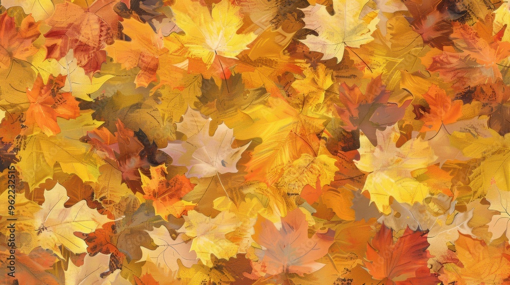 Autumn Leaves on Branch with Warm Tones. Fall Foliage Painting with Golden Yellow Leaves
