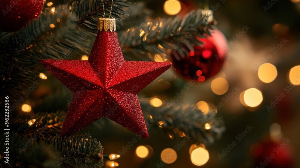 A festive scene featuring a red star ornament hanging from a Christmas tree