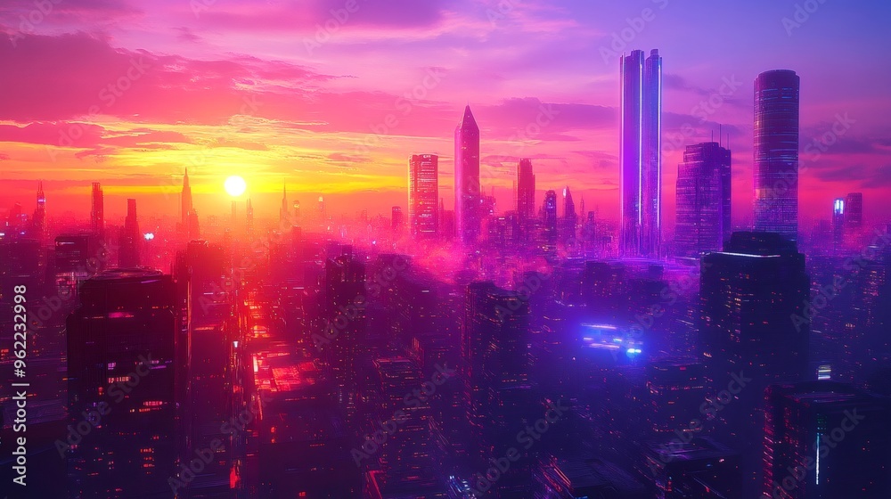 Fototapeta premium A futuristic cityscape with glowing skyscrapers under a vibrant pink and purple sky.