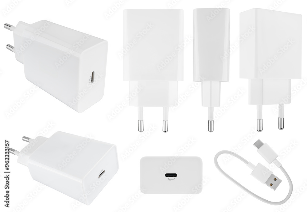 Power adapter for phone or tablet, on white background in insulation Power adapter for phone or tablet, on white background in insulation