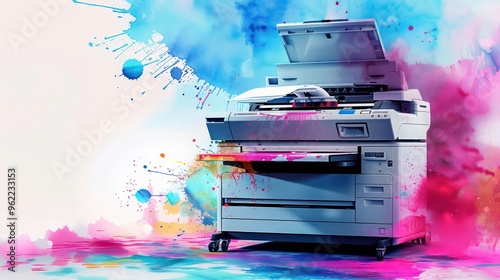 A white multi-function printer with pink, blue, and yellow paint splatters on the machine and surrounding the it.