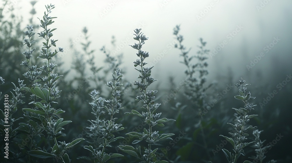 A close-up of plants in a field with foggy background A close-up of plants in a field with foggy background
