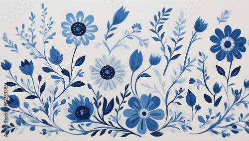 illustration Norwegian Scandinavian folk art painting in blue and white, minimalist style with flowers