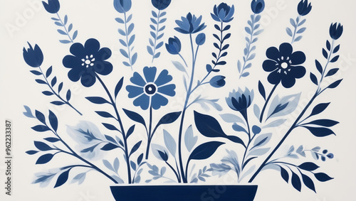 illustration Norwegian Scandinavian folk art painting in blue and white, minimalist style with flowers