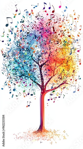 A beautiful, colorful tree bursting with musical notes and vibrant art, representing the unity between nature and music, creativity, and a spectrum of human emotions.