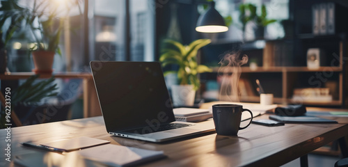 A contemporary office setup with an open laptop, a coffee cup, and organized stationery.