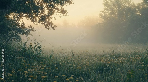  Foggy field with trees and flowers in the foreground and tall grass with yellow flowers