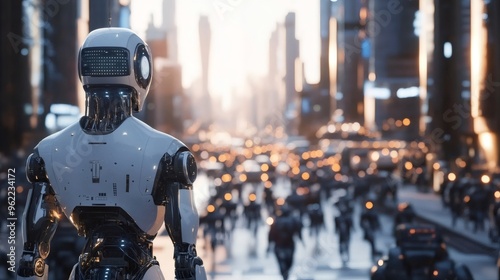 A futuristic robot stands in a busy city with a blurred background of people and cars.