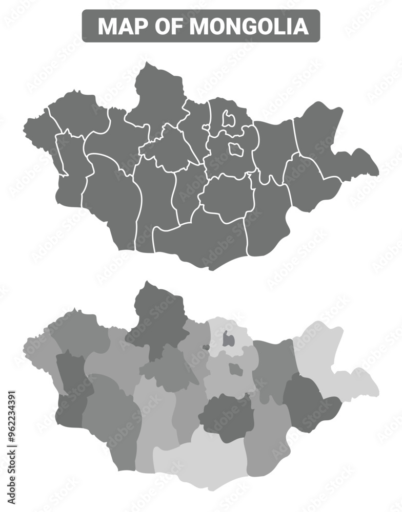 Fototapeta premium Greyscale Mongolia political map with borders outline style vector illustration set