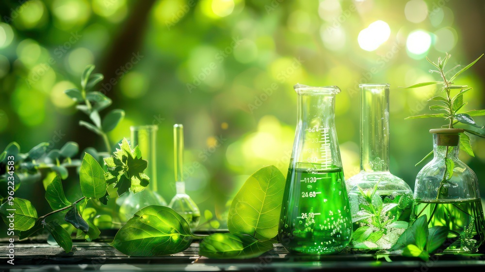 A collection of beakers filled with green liquid and surrounded by lush greenery. The beakers are on a wooden surface, and the background is a blurred image of a forest. A collection of beakers filled with green liquid and surrounded by lush greenery. The beakers are on a wooden surface, and the background is a blurred image of a forest.