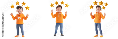 set of A 3D rendering of a cute young man character wearing an orange hoodie and jeans, giving a thumbs-up gesture with his hand five golden stars floating above his head, on a transparent background