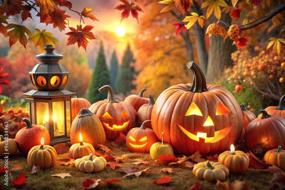 Halloween: Pumpkins in an orange park. Many different sized pumpkins, round and elongated, 3 jack-o-lanterns, foliage, cypress trees, and on the left a two-tiered candle lantern Halloween: Pumpkins in an orange park. Many different sized pumpkins, round and elongated, 3 jack-o-lanterns, foliage, cypress trees, and on the left a two-tiered candle lantern
