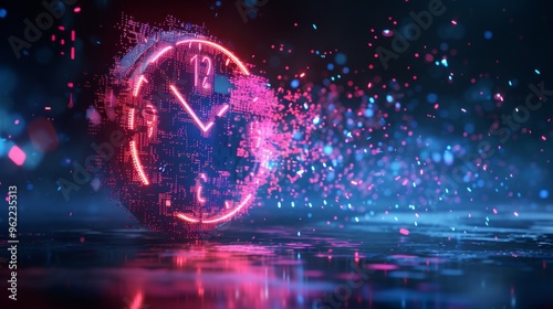 A neon clock starts to dissolve into tiny particles, spreading across a dark digital landscape. The vivid pink and blue colors combined with the dissolving effect create a dynamic and surreal visual photo