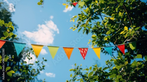 Colorful triangular flags strung between tree branches against a blue sky with fluffy white clouds, creating a festive, celebratory atmosphere.