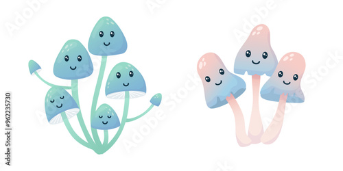 Set of cartoon kawaii mushrooms. Mushrooms characters with cute faces. Vector illustration isolated on white.
