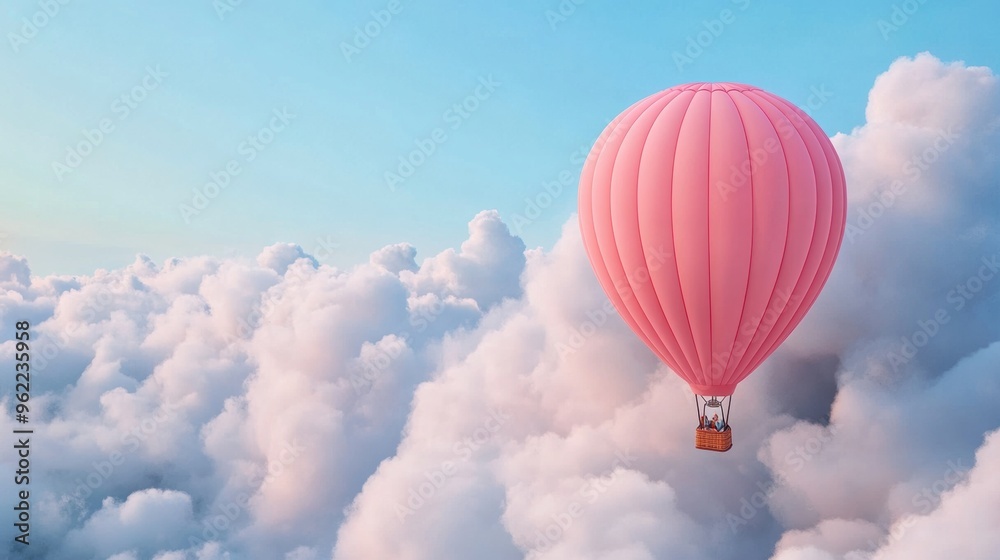 Fototapeta premium A hot air balloon floating in the clouds with a wooden box, AI
