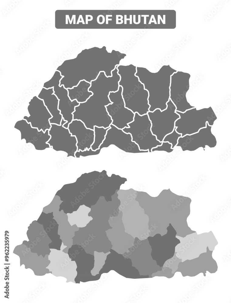 Obraz premium Greyscale Bhutan political map with borders outline style vector illustration set