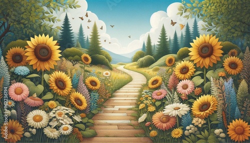 Pfad durch einen Sonnenblumenfeld