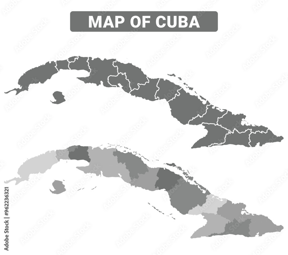 Fototapeta premium Greyscale Cuba political map with borders outline style vector illustration set