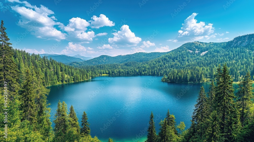 Naklejka premium A panoramic view of a large lake surrounded by pine forests