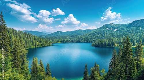 A panoramic view of a large lake surrounded by pine forests