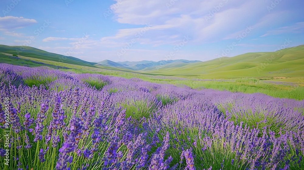 A field filled with many purple flowers beneath a blue sky and a distant mountain range A field filled with many purple flowers beneath a blue sky and a distant mountain range
