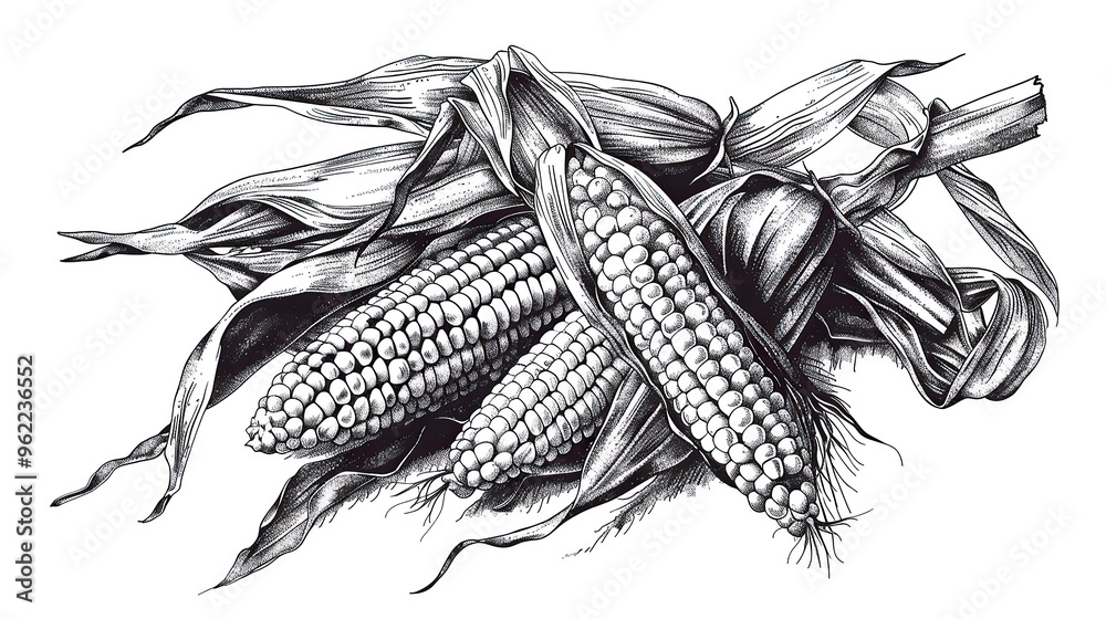 Black and white detailed illustration of corn cobs with husks on a ...