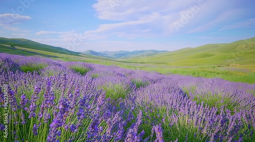  A field filled with many purple flowers beneath a blue sky and a distant mountain range