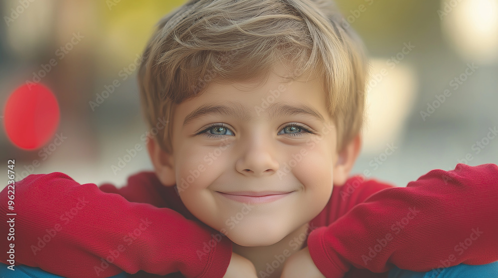 Cute smiling boy with hands behind head, relaxed and happy child, outdoor portrait, blonde hair, casual pose, joyful moment, natural light, carefree expression, fun and innocence Cute smiling boy with hands behind head, relaxed and happy child, outdoor portrait, blonde hair, casual pose, joyful moment, natural light, carefree expression, fun and innocence