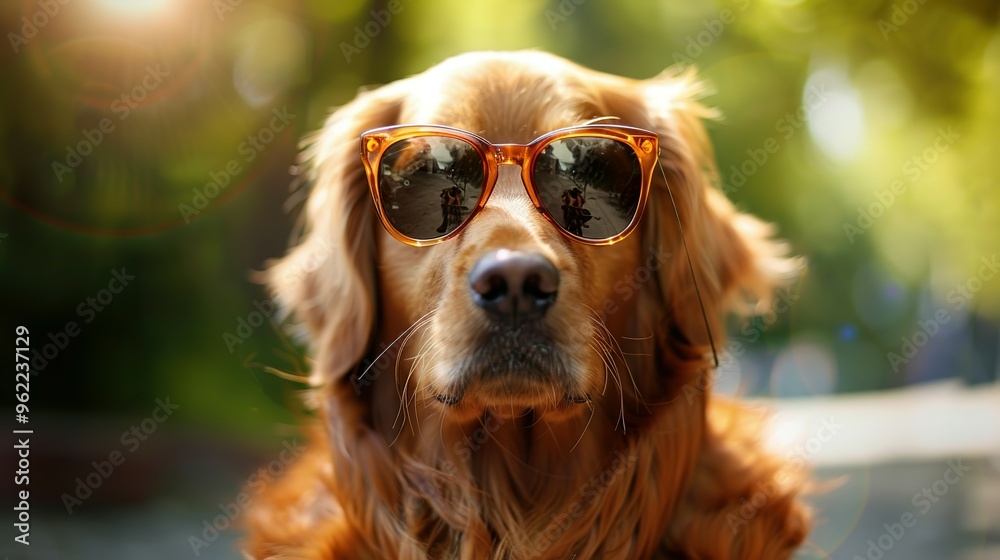 Golden Retriever Dog Wearing Sunglasses in a Park Golden Retriever Dog Wearing Sunglasses in a Park