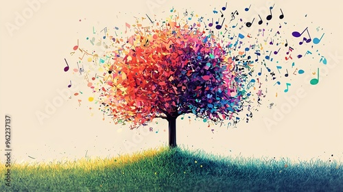 A colorful, stylized tree with a profusion of musical notes emanating from its branches, symbolizing the fusion of nature and music in an abstract, joyous manner. photo