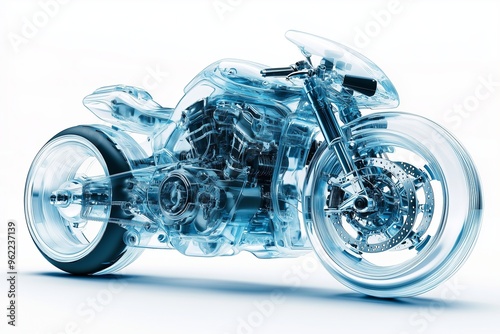 A dynamic 3D of a modern motorcycle with semi transparent elements, showing a view of its internal photo