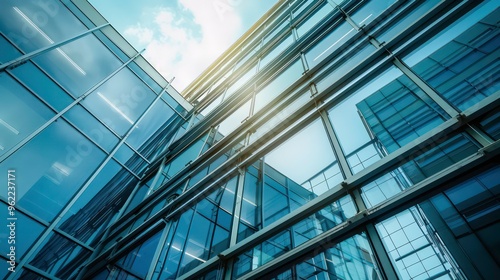 A low angle view of a modern glass building with blue sky and clouds in the background.