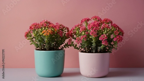 Three colorful pots of kalanchoe medical plants with flowers, against a trendy pink background, with space for text.