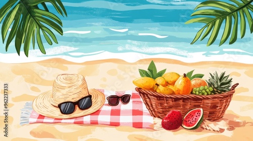 A fun and colorful clipart of a beach picnic setup