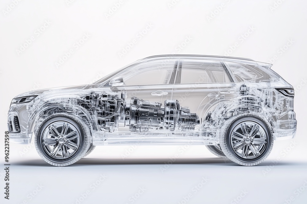 Naklejka premium A dynamic 3D of a modern SUV crossover with semi transparent elements, showing a view of its