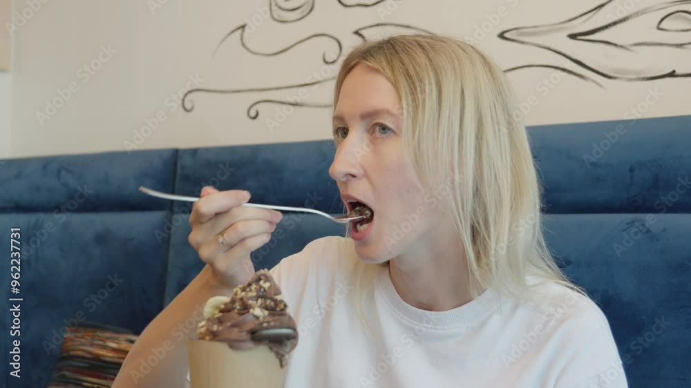 Young woman enjoying delicious dessert trdelnik in busy cafe while engaging in lively conversation with someone off-screen while enjoying vibrant atmosphere around her Young woman enjoying delicious dessert trdelnik in busy cafe while engaging in lively conversation with someone off-screen while enjoying vibrant atmosphere around her