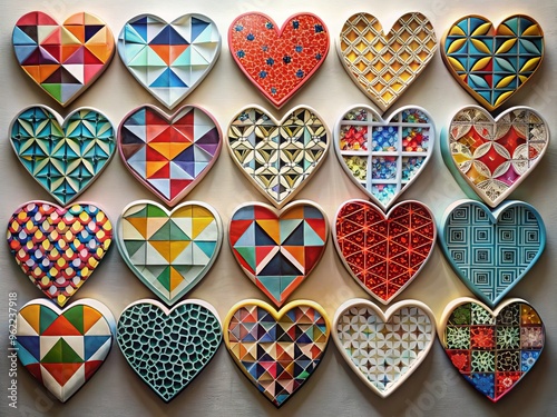 heart shaped wall plaques in geometric pattern and bold contrasting colors contemporary art piece