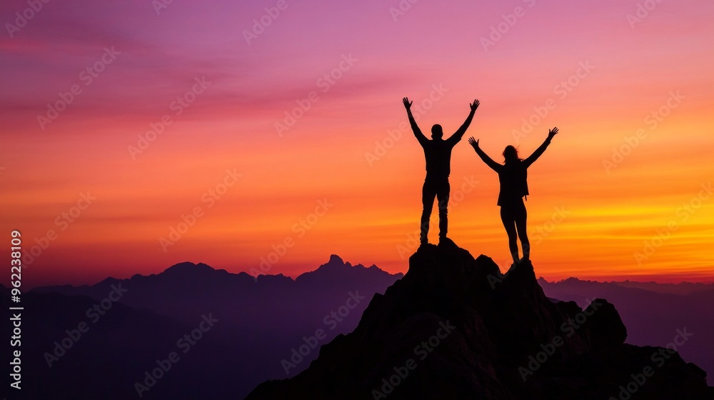 Two silhouetted figures celebrate their achievement atop a mountain peak. The vibrant colors of the sunset create a stunning backdrop. This image captures adventure and fulfillment. AI Two silhouetted figures celebrate their achievement atop a mountain peak. The vibrant colors of the sunset create a stunning backdrop. This image captures adventure and fulfillment. AI