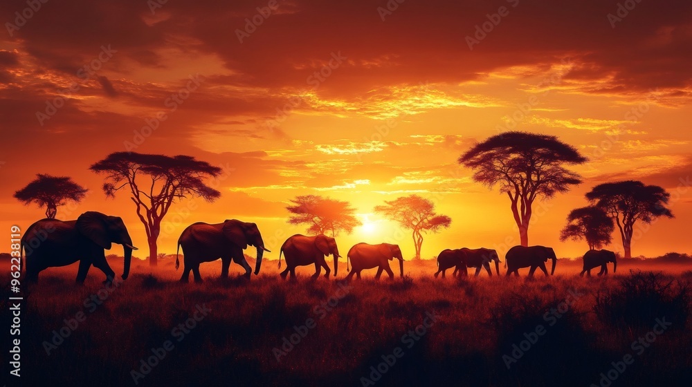 A herd of elephants walks through tall grass in the African savanna at sunset. The sun is setting behind them, casting a warm glow on the landscape. A herd of elephants walks through tall grass in the African savanna at sunset. The sun is setting behind them, casting a warm glow on the landscape.