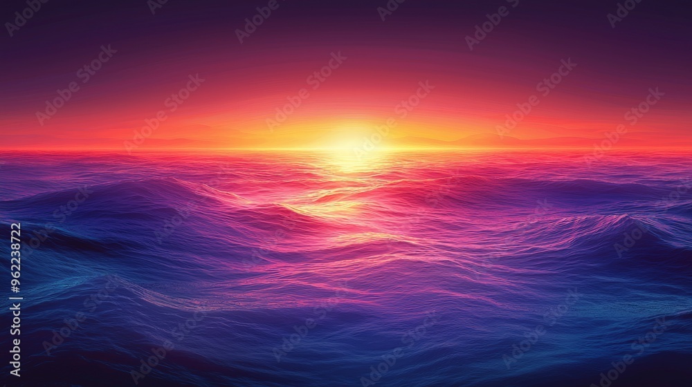 Obraz premium A grainy gradient background transitioning from vibrant pinks and oranges at the horizon to deep purples at the top, reminiscent of a stunning sunset over a tropical ocean.