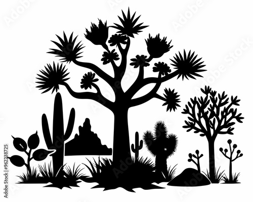 Joshua tree, black silhouette of joshua tree, cacti, agaves, and prickly pear