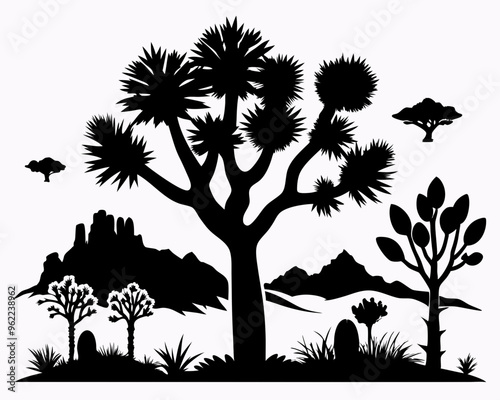 Joshua tree, black silhouette of joshua tree, cacti, agaves, and prickly pear